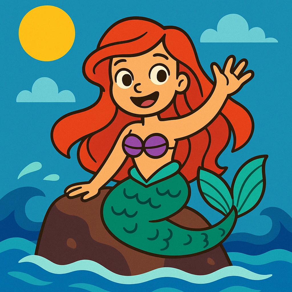 The little mermaid on a rock, waving and smiling at the viewer, in a whimsical cartoon style. emoji