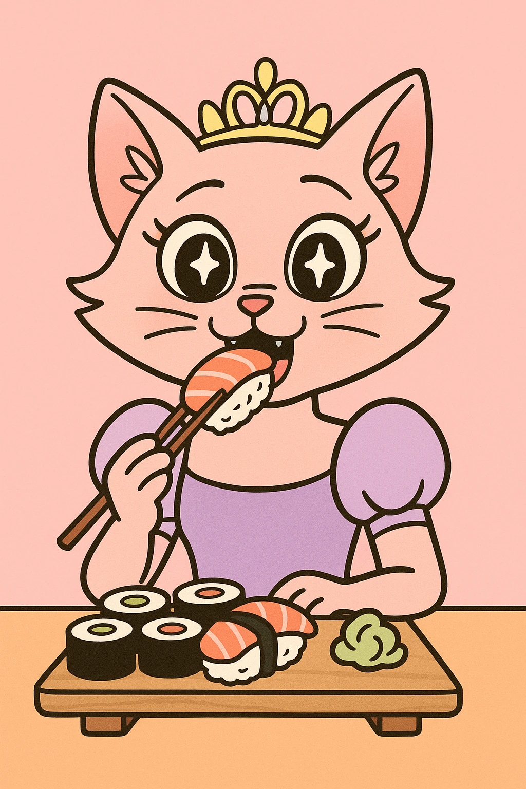 princess cat eating sushi, anime style, sparkling eyes, pastel colors, delicate tiara emoji