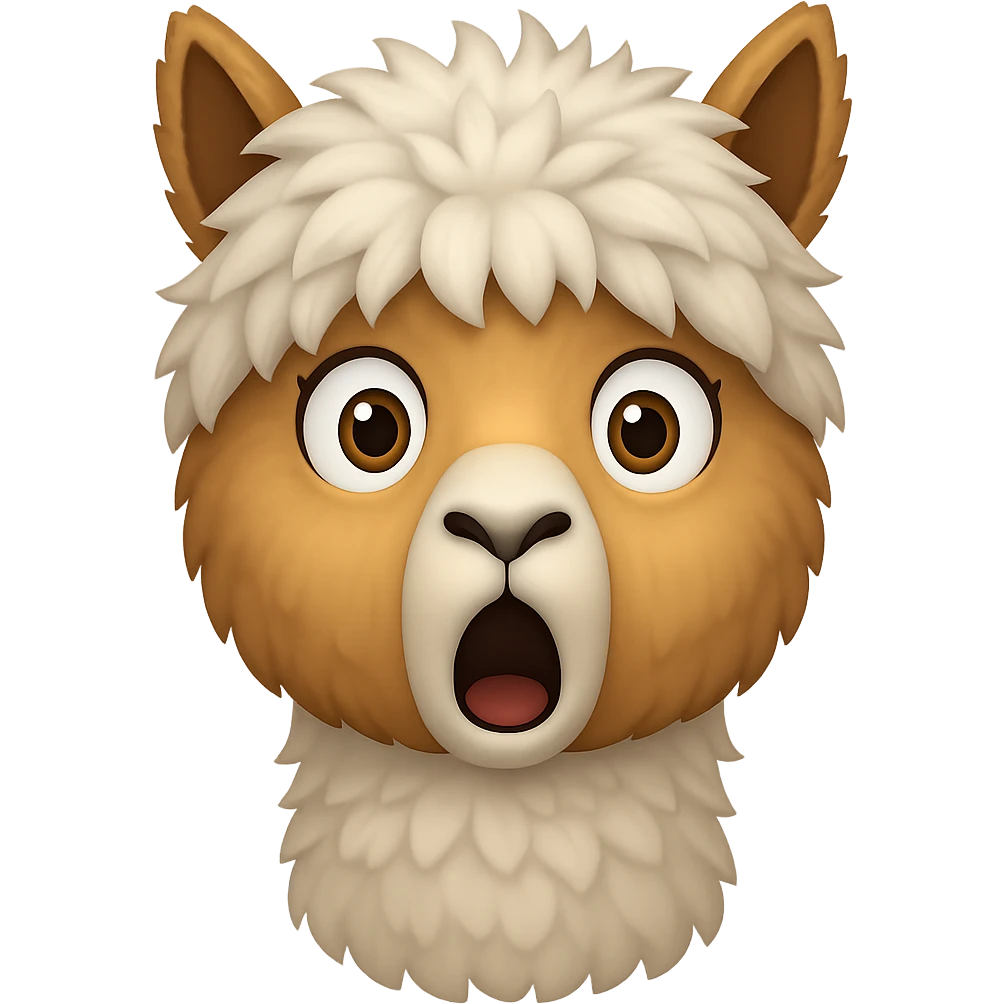 Make the alpaca look surprised, keep the original style, no background (transparent) emoji