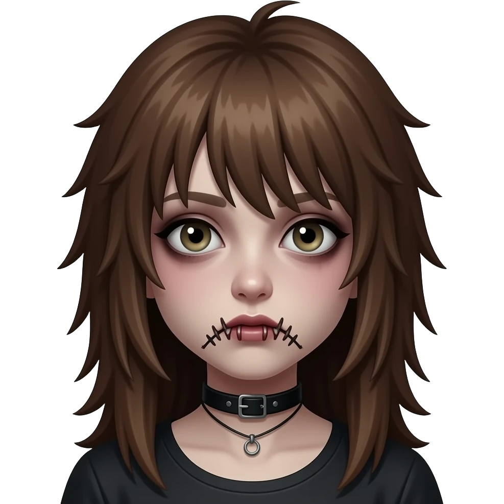 Girl, zombie, brown hair, long, emo, shaggy, dark, spooky, creepy, sewn mouth emoji