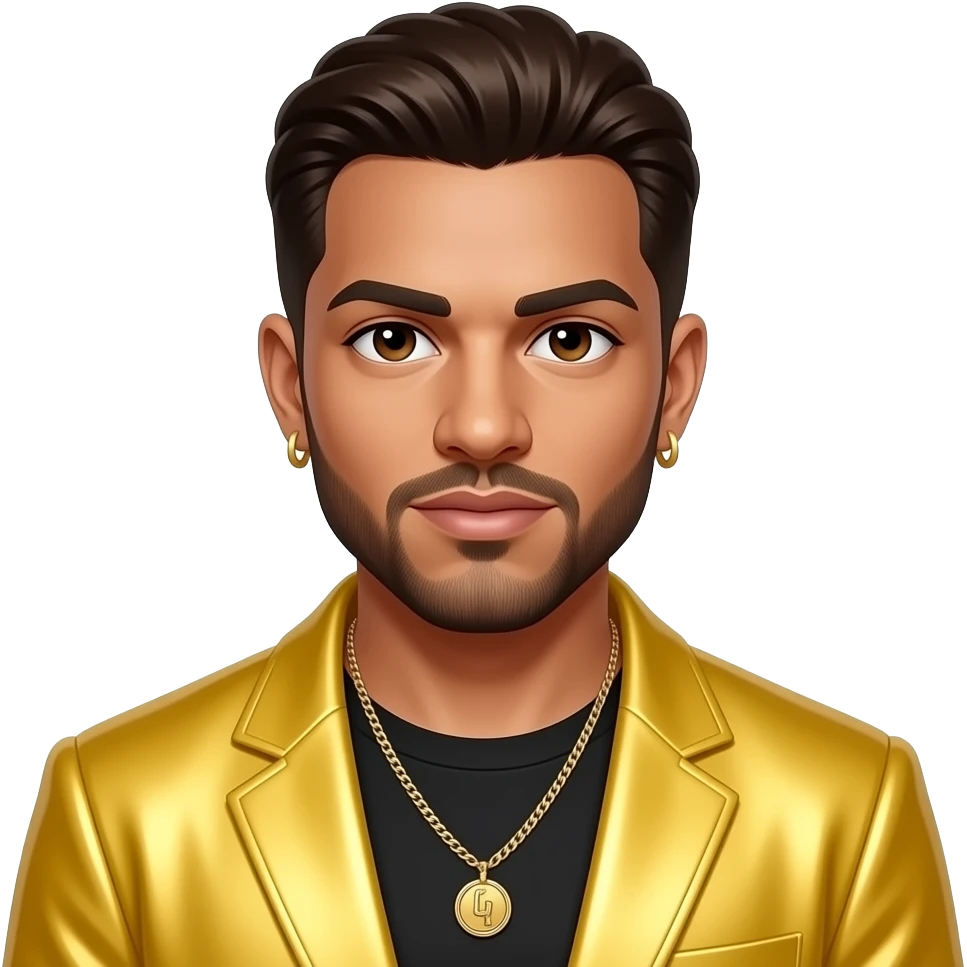 Bryan Abrams from Color Me Badd with white skin, brown eyes, dark brown 90s hair and short beard, yellow metallic new jack swing outfit, necklace and earrings emoji