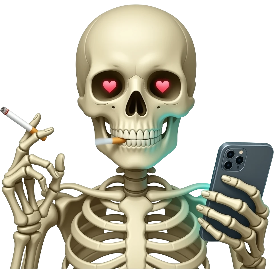 skeleton smoking with cellphone with brigh screen and little hearts in his eye sockets emoji