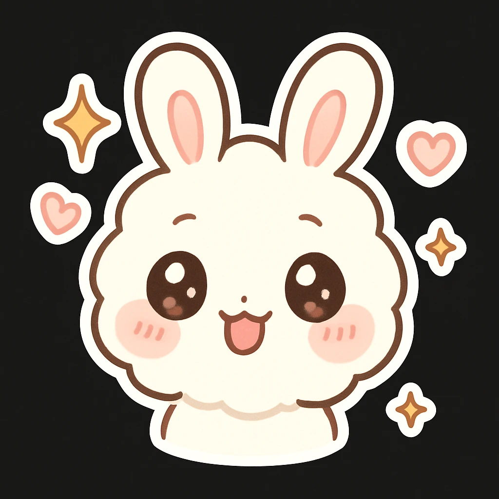 kawaii chibi-style bunny emoji with a round fluffy face, sparkly eyes, blushing cheeks, pastel color palette, sparkles and hearts, soft rounded design, anime-style, vector art, black background emoji
