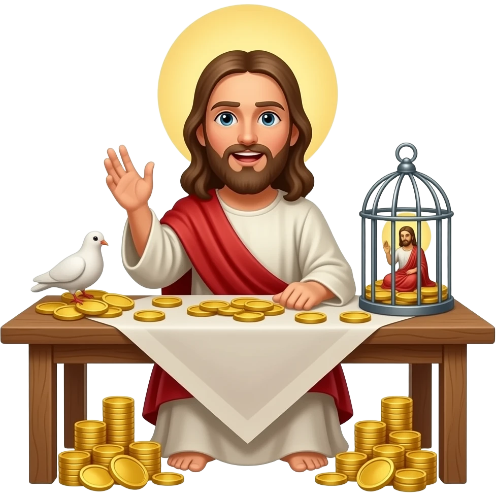 Jesus irate and flipping tables with gold coins and caged doves and idols emoji