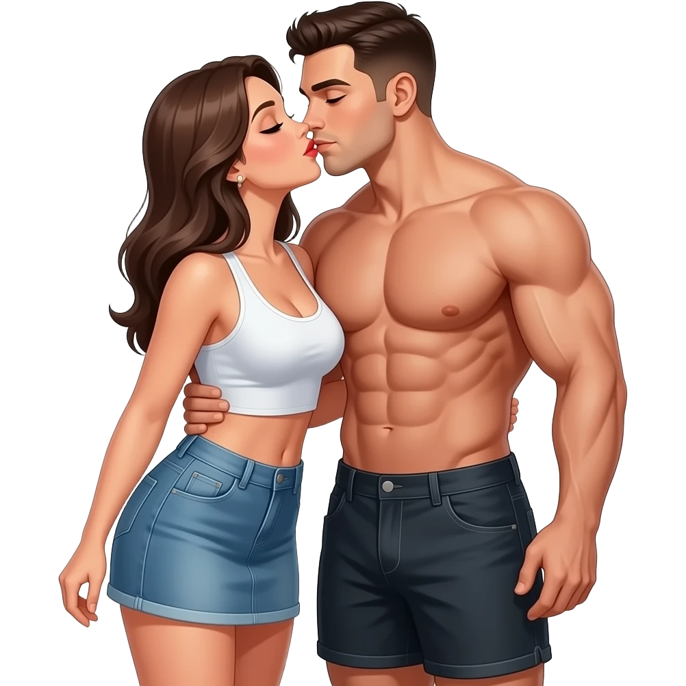Çok Çok  kısa kumaştan etek ve crop giyip kaslı üstü olmayan altında şort olanbir adamı öpen kadın emoji