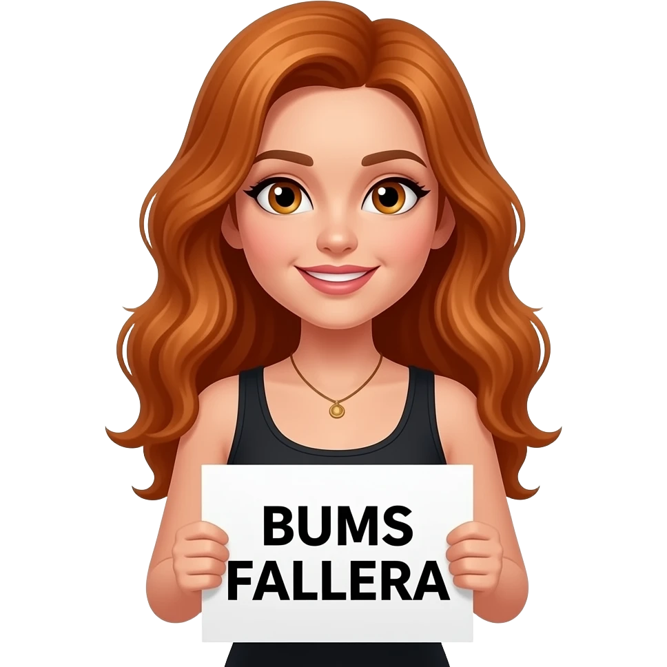 sexy girl with long wavy ginger hair and ginger eyes wearing a black tanktop is holding a white sign with BUMS FALLERA written on it emoji