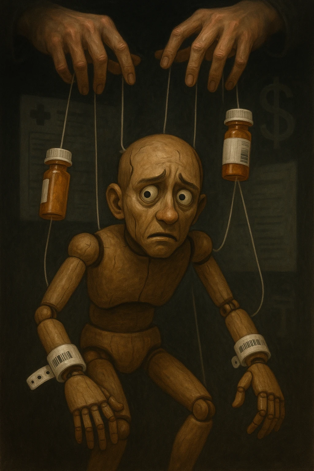 a marionette puppet with hospital bracelets and medication bottles as strings is controlled by unseen hands from above. The puppet’s face shows confusion and fatigue, representing the feeling of being managed by an invisible system. The background is dark, with faint images of medical charts and dollar signs. in italiano emoji