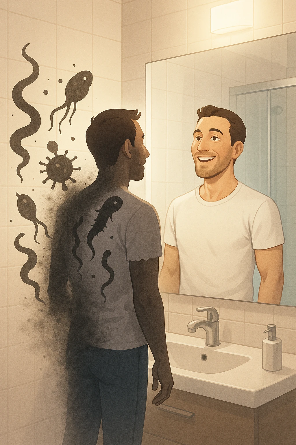 a man stands in a brightly lit bathroom, looking relieved and revitalized as he examines his reflection in the mirror. In the foreground, stylized, shadowy images of parasites (such as worms or protozoa) are shown leaving his body, dissolving into mist or fading away. His posture is upright and his expression is one of newfound energy and health. emoji