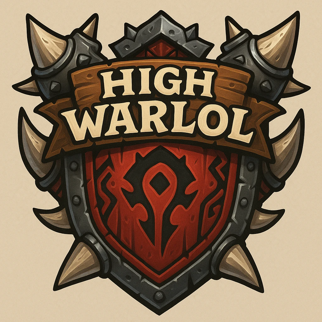 crest or shield with the words 'High Warlol', blending World of Warcraft iconic fantasy motifs, Horde symbols, touch of cartoonish exaggeration for humorous effect emoji
