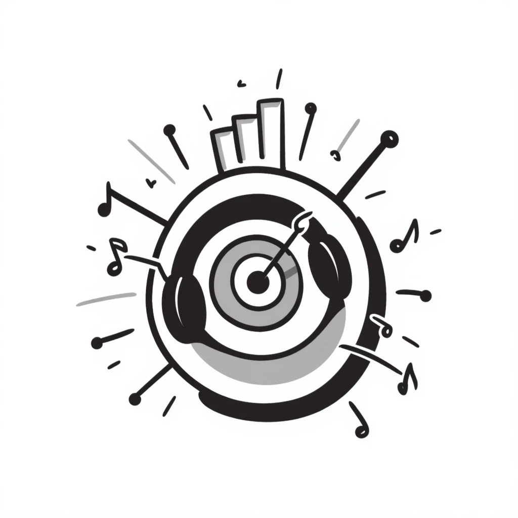 square emoji symbol of a symmetrical target with musical marketing details including headphones, musical notes, bar chart, doodle style, for online course cover emoji