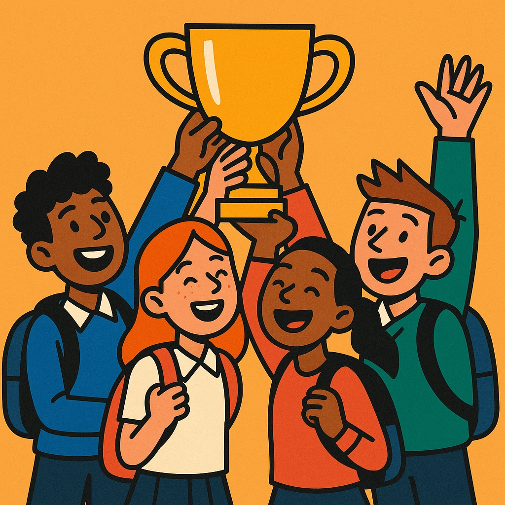 quatre étudiants heureux soulèvent ensemble un trophée, style illustration expressive, fond simple emoji