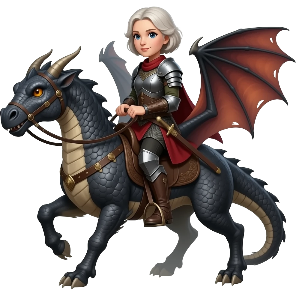 older Targerian woman warrior with short hair riding dragon emoji