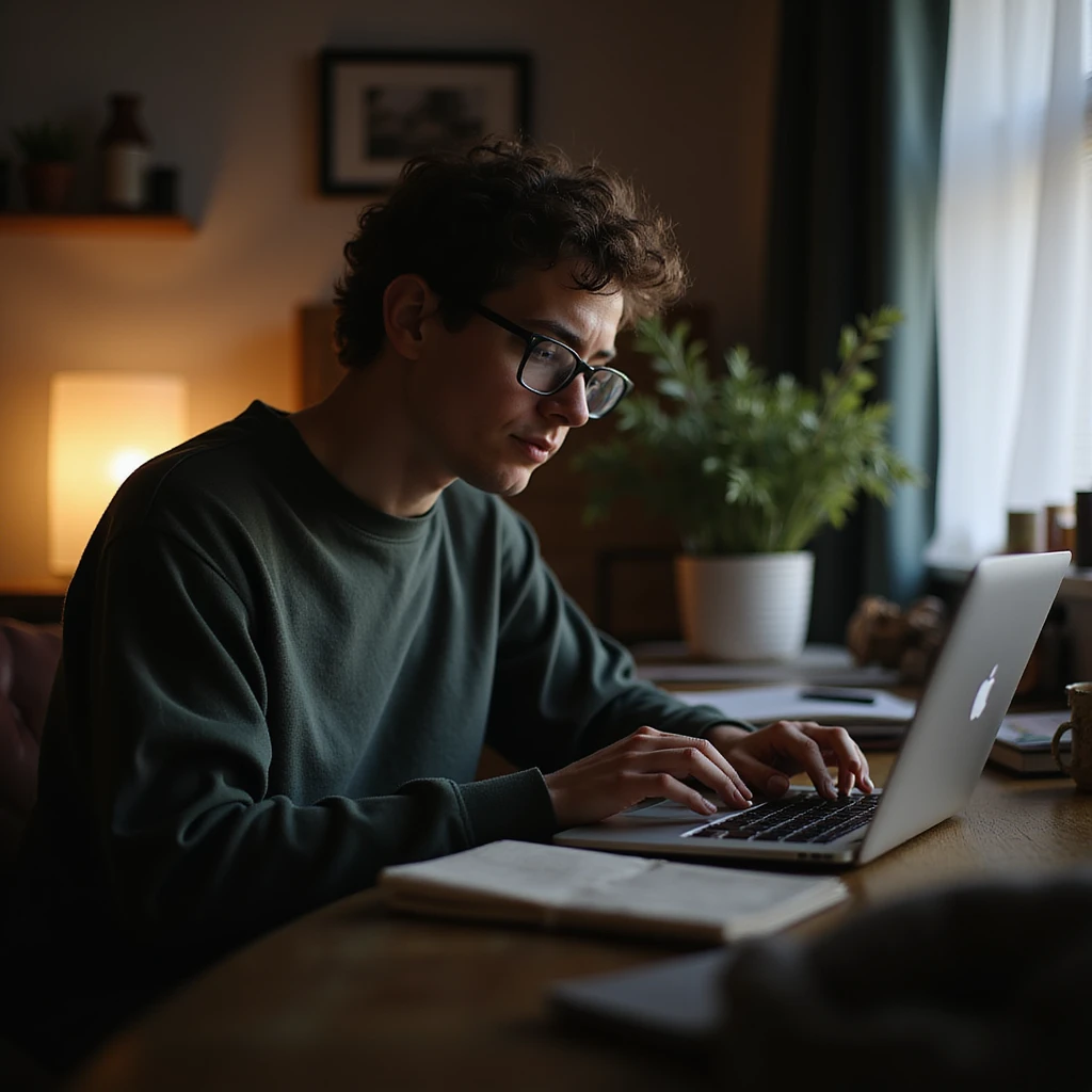 a person in glasses coding on a MacBook, cozy home office, soft lighting, semi-realistic style emoji
