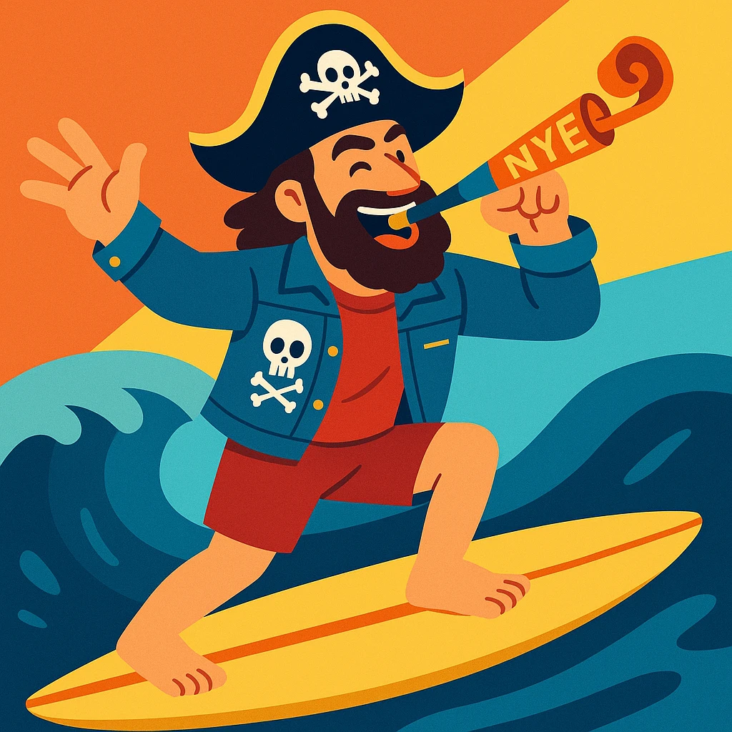 adult male surfer, pirate hat, denim jacket with skull patch, NYE noisemaker, dynamic pose, modern illustration emoji