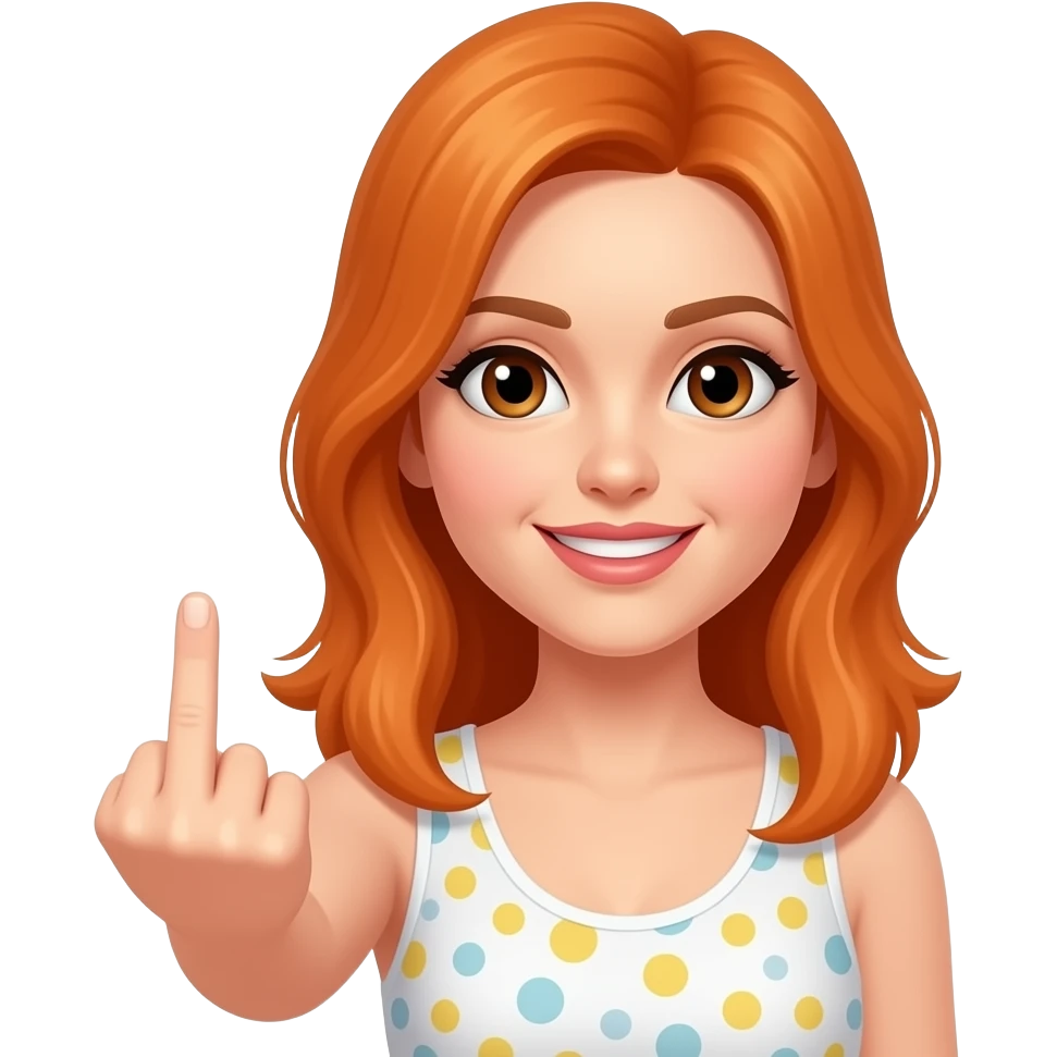 Woman with orange hair and brown eyes middle finger emoji