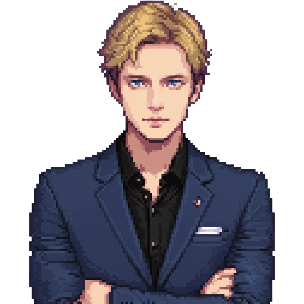 Flat pixel art, focused and reserved male thinker, fair skin, short sleek sandy hair, intense sharp eyes, wearing a deep indigo suit jacket over a black shirt, left hand thoughtfully touching chin, waist-up, front-facing emoji