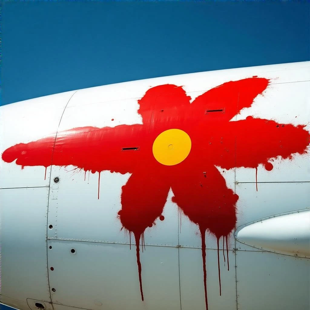 a red flower flight insignia, splashed in red paint across the side of a space jet fuselage emoji