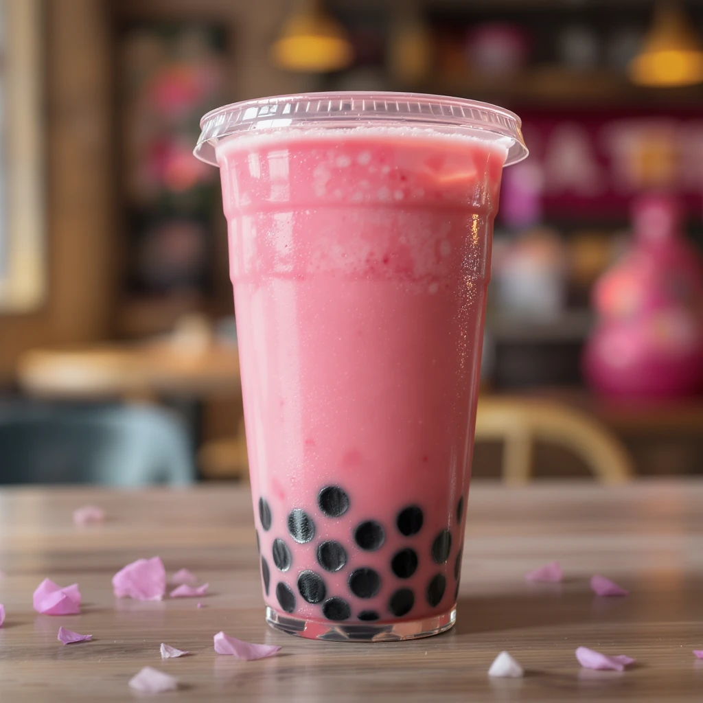 photorealistic elegant pink bubble tea, no background, transparent emoji