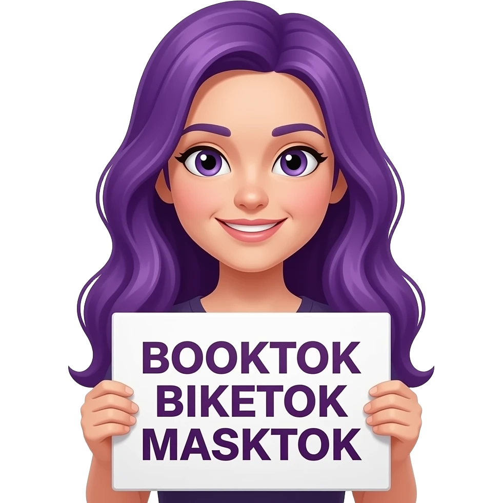 girl with long purple hair holding a BOOKTOK BIKETOK MASKTOK sign emoji