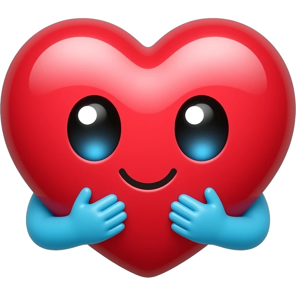It is a cute red heart with big shiny eThe heart looks very excited and loving. At the bottom, there are two small blue hands hugging the heart, like it is giving a big hug. The eyes have sparkles, which makes it look adorable and emotional, like saying “aww” or “I love this!”. emoji
