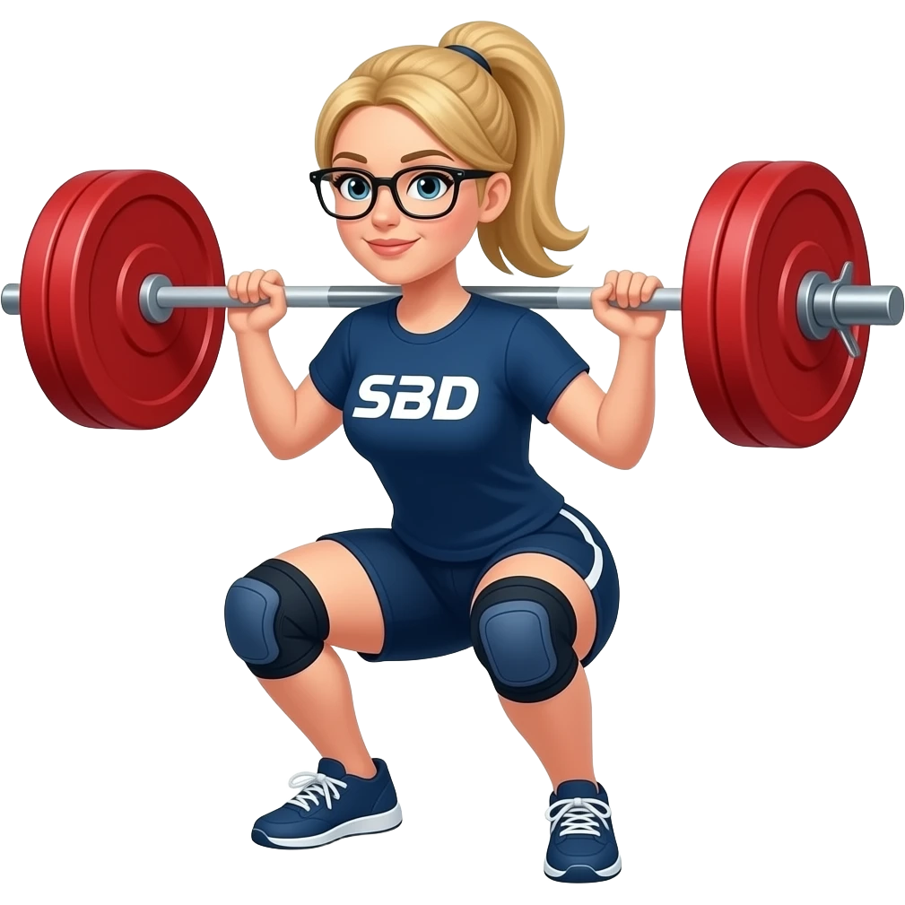 blond long hair female with glasses and pony tale doing squats with a barbell with 4 red plates wearing SBD dark blue tshirt and dark blue shorts, knee sleves emoji