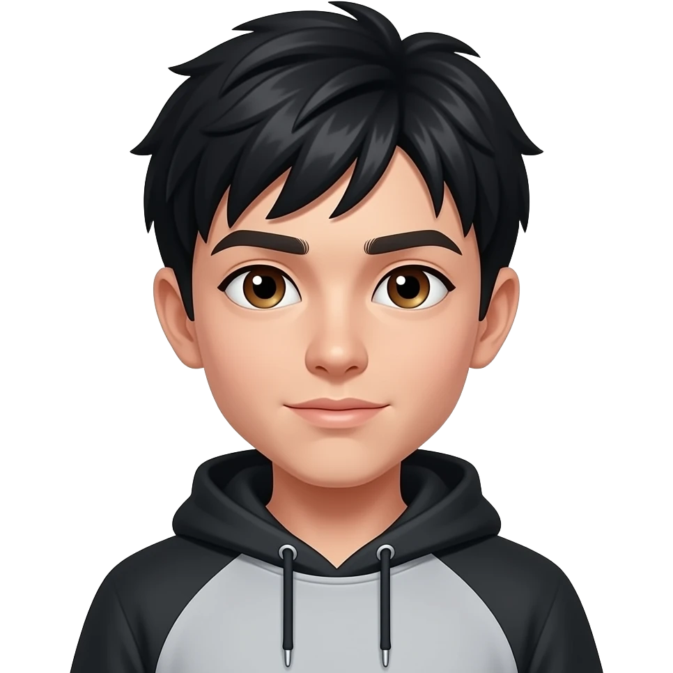 short-ish black hair with hazel brown eyes with black thick eyebrows wearing a grey and black hoodie emoji