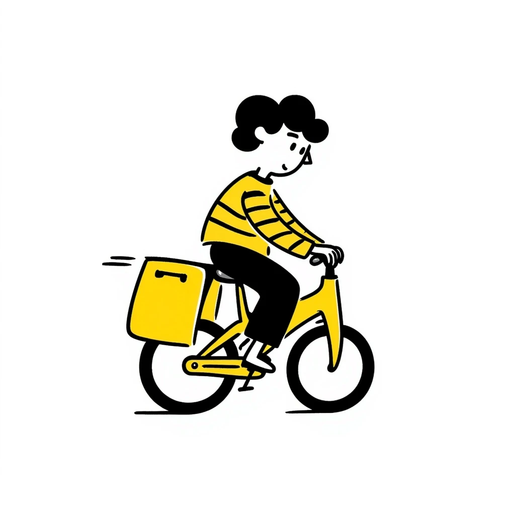 A courier on a yellow bicycle, wearing yellow and black clothes rides from left to right. On the back of the courier is a yellow food delivery bag emoji