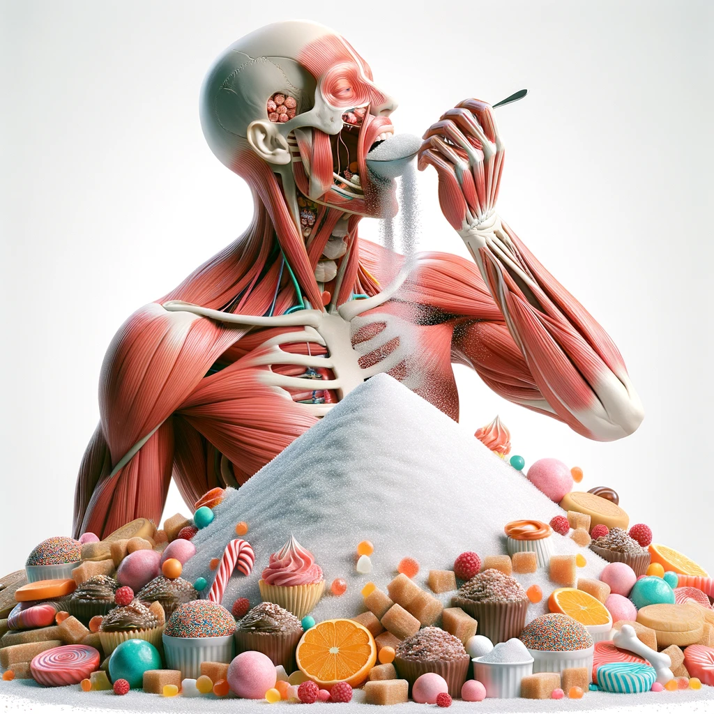 corpo umano anatomico che si abbuffa di dolci e zuccheri, montagna di zuccheri davanti a lui, iperrealistico 4k, isolato su sfondo bianco emoji