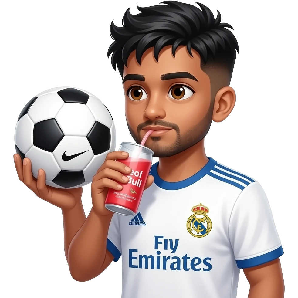 Boy with a European Nike soccer ball, in Real Madrid jersey Indian young boy with a lightly trimmed beard and side fade with messy spike hairstyle, drinking redbull watermelon flavor, hair and beard color is black emoji