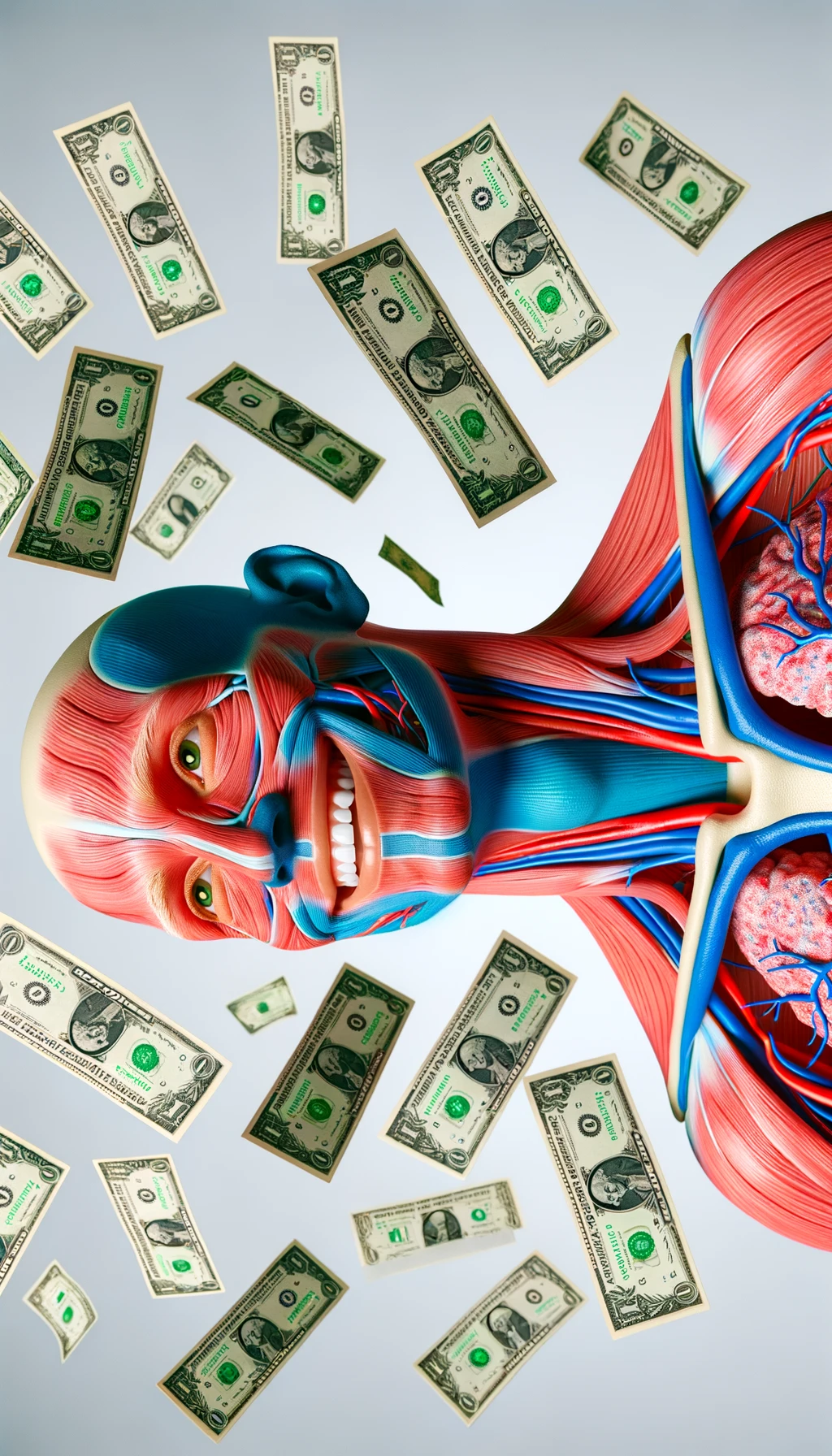 corpo umano anatomico sereno e felice con banconote sparse appiccicate sul corpo, colori realistici del corpo, espressione stupita, iperrealistica 4k, isolato su sfondo bianco emoji