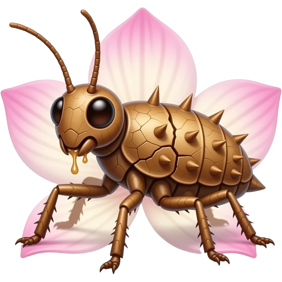 A flying forest Walkingsticks crawler with sticky sap running through cracks in its bark-like body. it's made of bark but has a shell on its back, it has spikes and runs fast with all its limbs. It's full of pink petal markings, and looks like a Walkingstick insect with a bark body. Hides on petal emoji