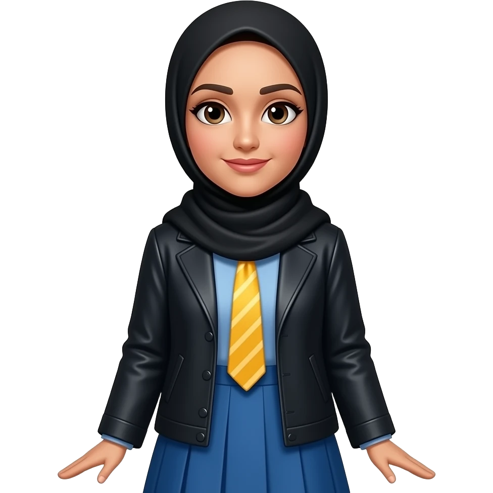 make someone whose name you think is Samrah, black hijab, pakistani skin, yellow tie, make her wear a blue shirt with a skirt and a jacket emoji