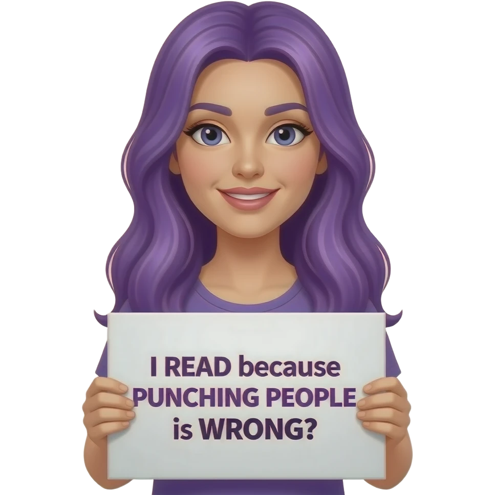 sexy girl with long purple hair holding a I READ because PUNCHING PEOPLE is WRONG sign emoji