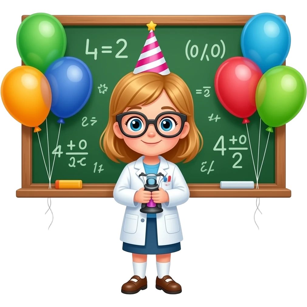 LITTLE BLOND GIRL  SCIENTIST STANDING IN FRONT OF GREEN BOARD WITH MATH SYMBOLS AND BIRTHDAY BALLOONSDAY BALLOONS emoji