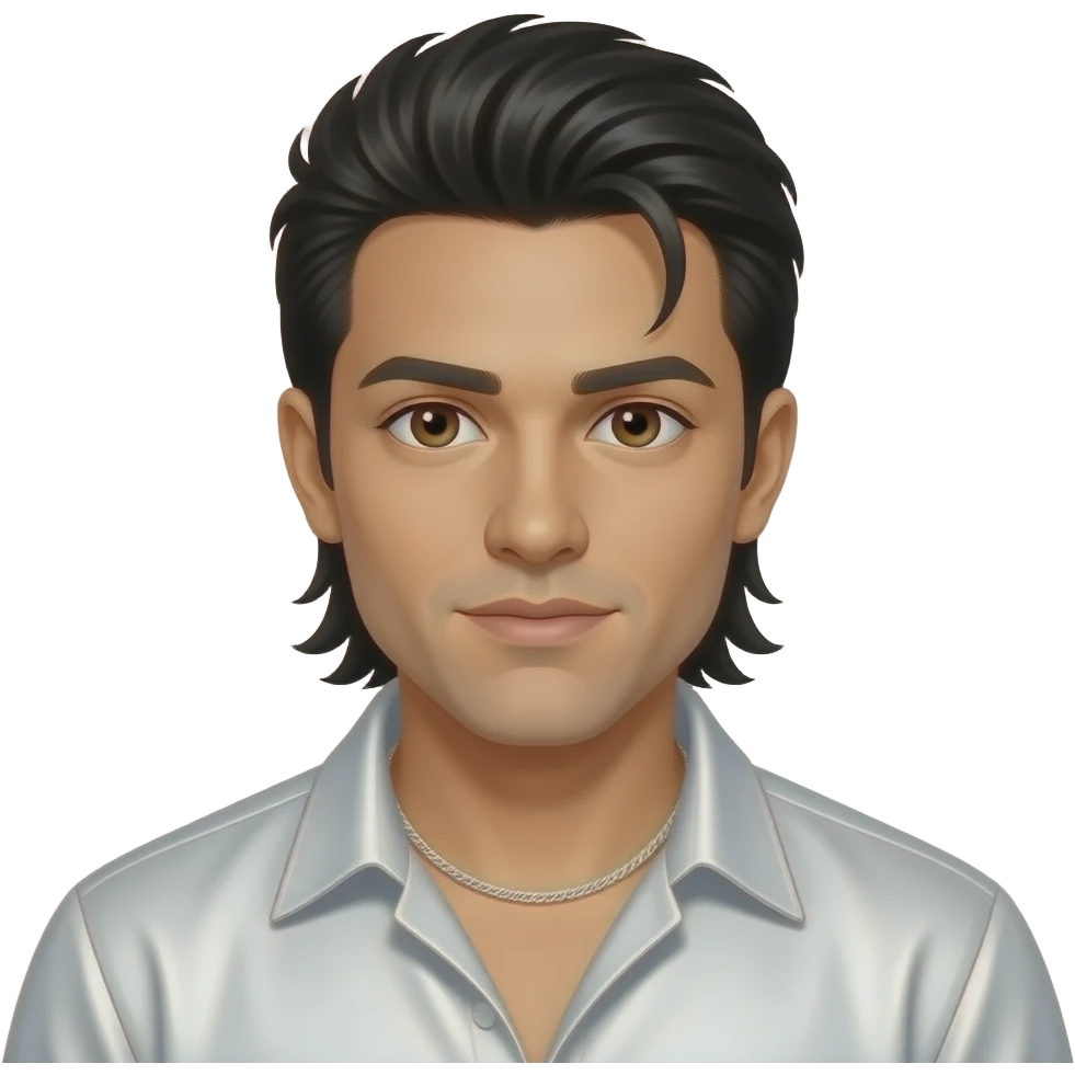 Howie Dorough from Backstreet Boys with brown eyes,long black 90s low ponytail hair, white metallic shirt, white necklace emoji
