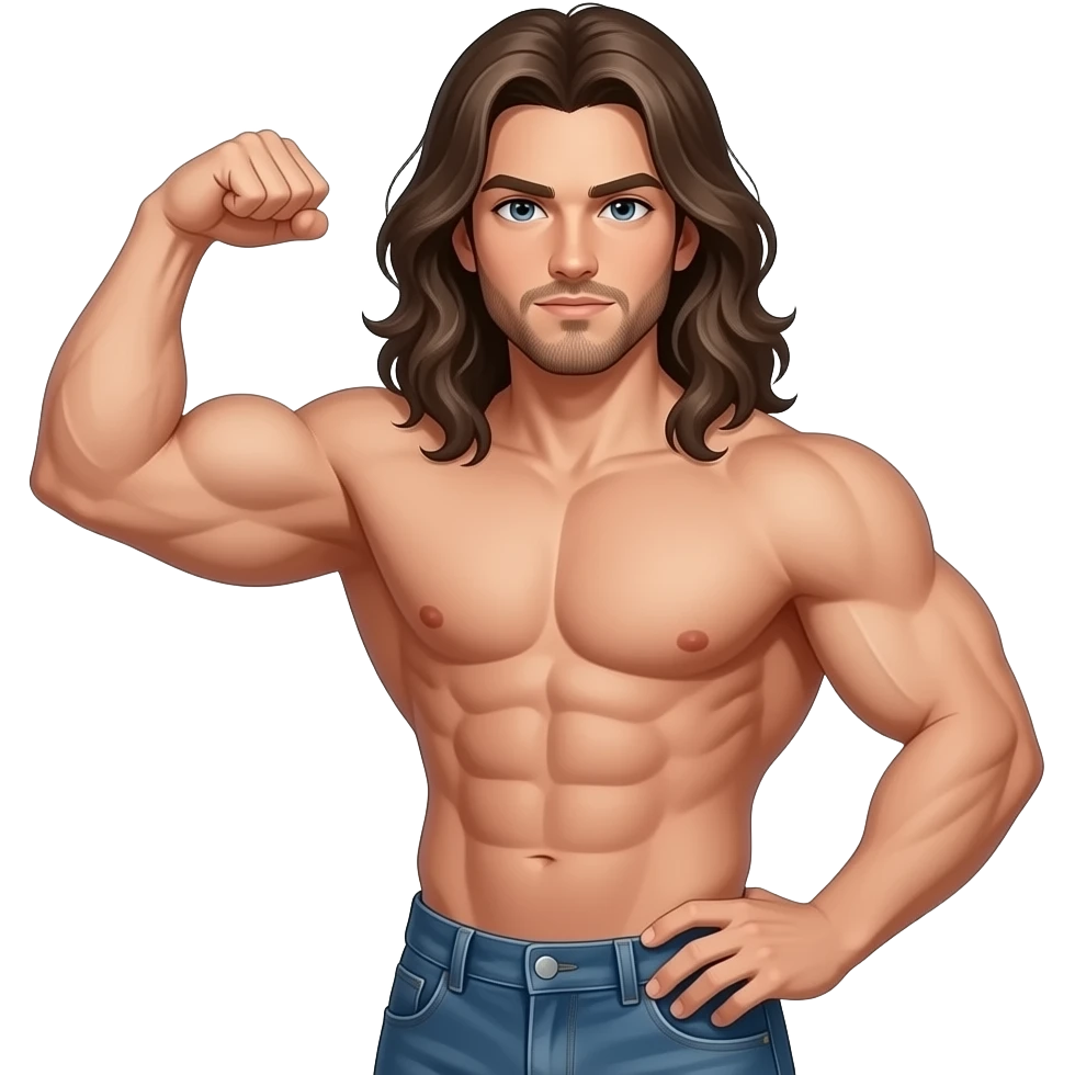 muscular shirtless man with very long hair, no beard, flexing mean emoji
