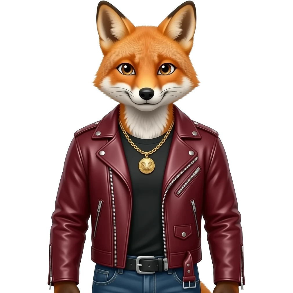 Fox in burgundy leather biker Jacket, waist size, jewelleries emoji