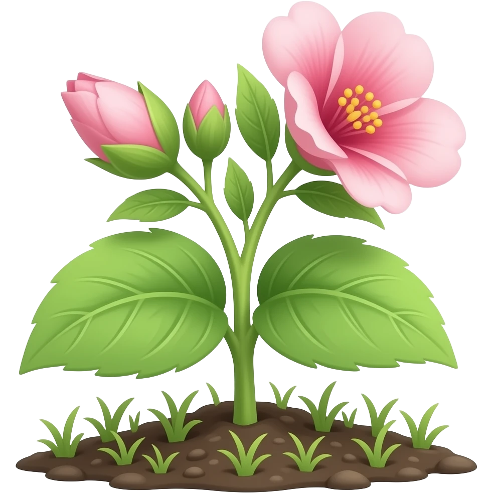 green plant from the ground with leafs And Pink flowers blooming emoji