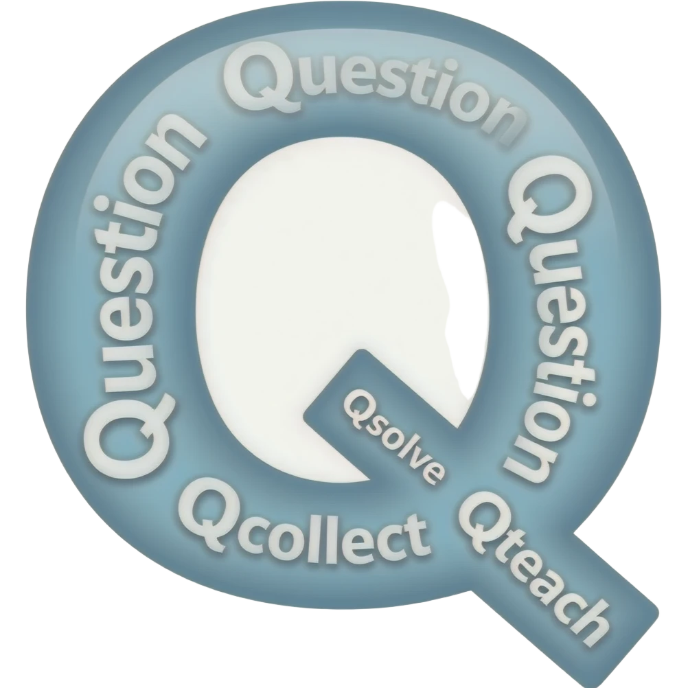The big letter "Q" in the center. Smaller the Words "Question", "Question", "Question", "Qsolve", "Qcollect" und "Qteach" around it in a comic style ice cream cone emoji
