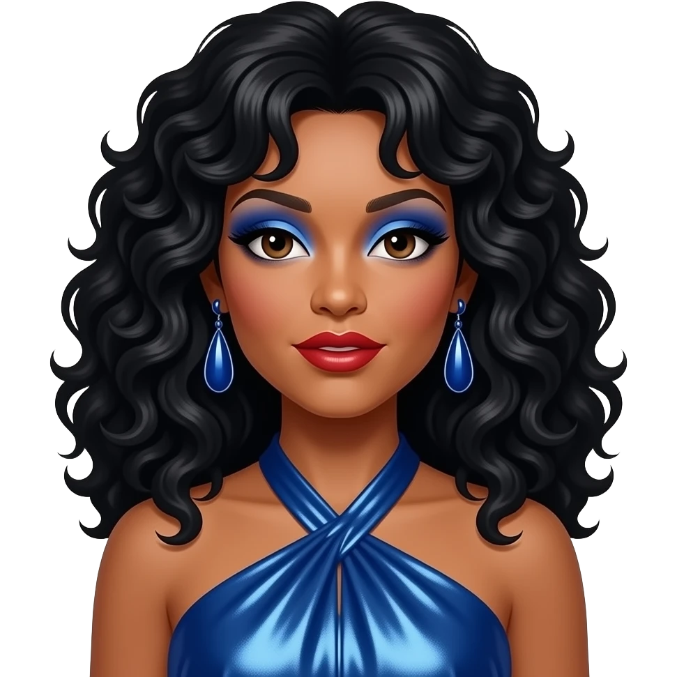 Donna Summer with dark brown eyes, long black disco curls hair, indigo eyeshadow, red lipstick, indigo metallic halter dress, indigo earrings emoji