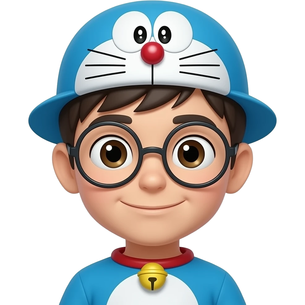 Novita. Novi es. Un niño. Con. Espejuelos.  Redondos. Es. Anime y. Dorami  husa el gorro cortero. De. Doramon emoji