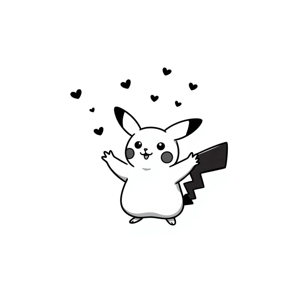 cute Pikachu Pokémon waving and surrounded by little hearts in doodle style emoji