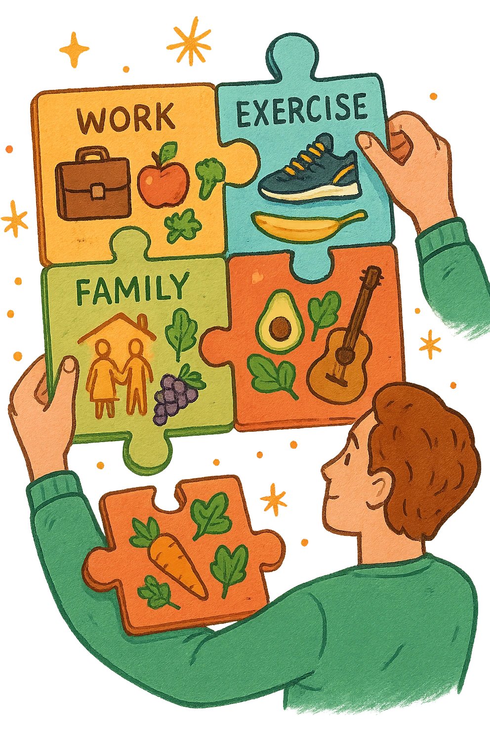 a person is surrounded by puzzle pieces, each representing a different aspect of their life (work, exercise, family, leisure), and healthy foods are integrated into each piece. The person assembles the puzzle, creating a complete, personalized nutrition plan. The mood is uplifting and creative. in italiano emoji