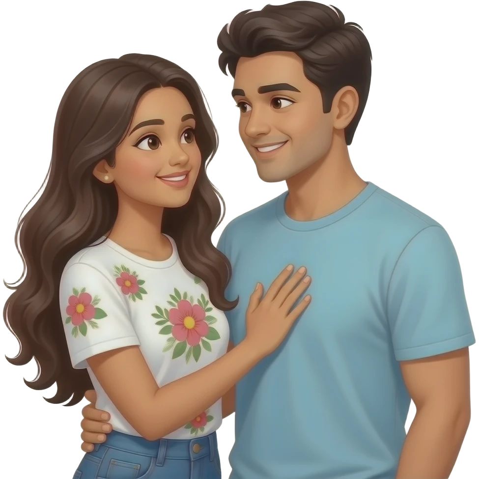 long haired Indian lady in white floral T-shirt holding her hand on boyfriend heart looking at each other lovingly smiling shyly emoji