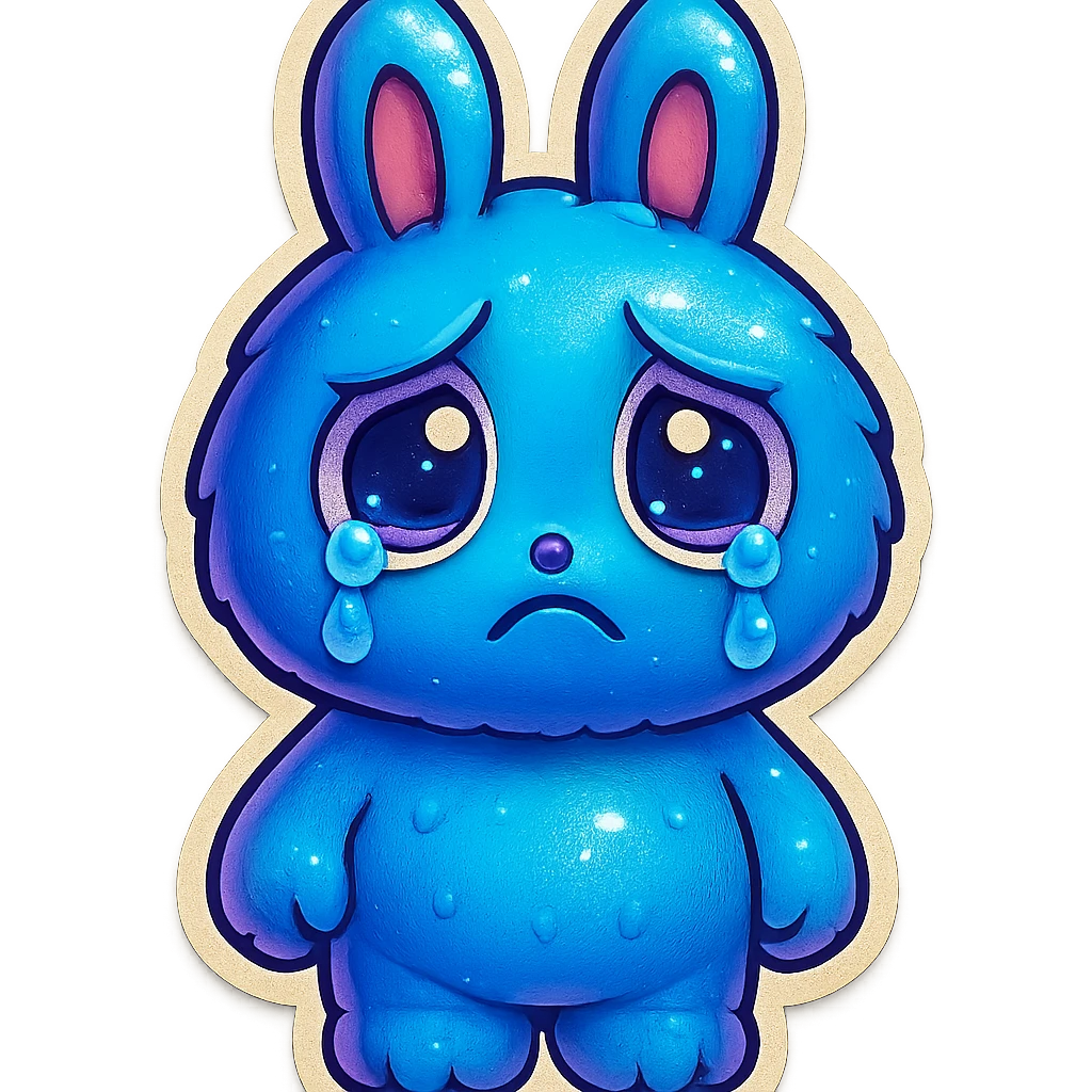 Change the blue bunny character's face to a sad, teary-eyed expression, maintaining the retro stickers style. Transparent background. emoji