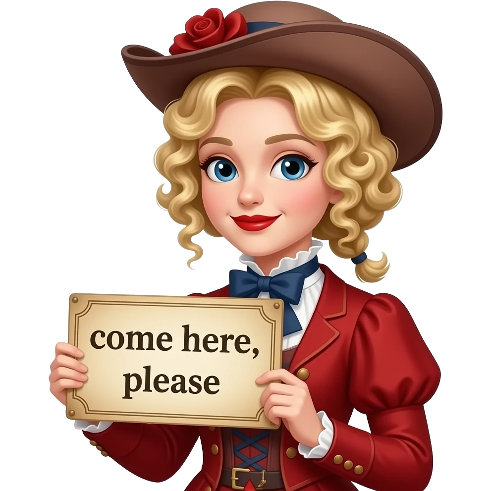 short blonde with spiral curly hair side swept bob pinned in a French twist  with a vintage sign saying come here, please in an 1800 red outfit  and vintage hat in red lipstick emoji