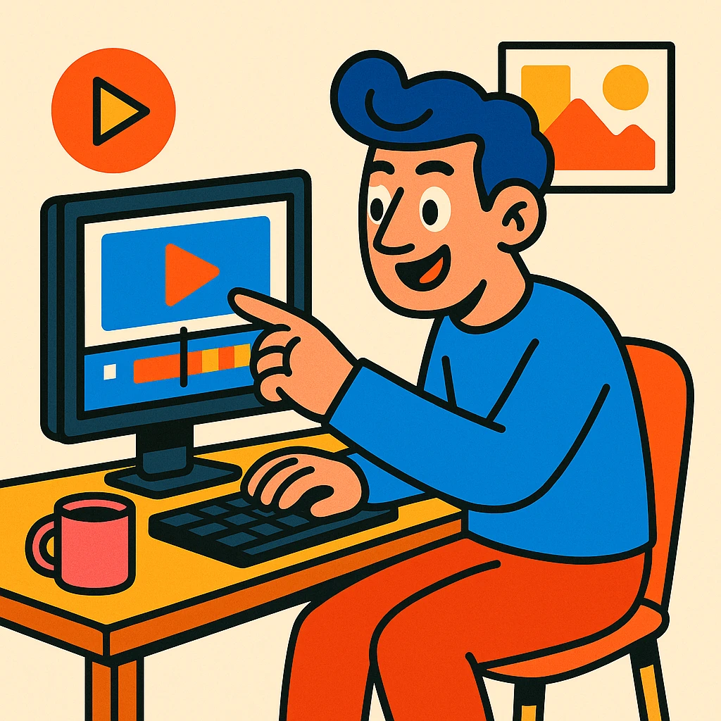 a man sitting at a table editing videos, vibrant toon style emoji