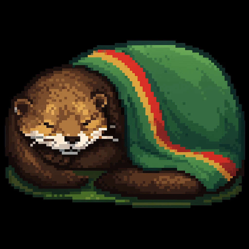 Make the image a pixel art style: Add a cozy blanket draped over the sleeping otter, keep pixel art style and colors emoji