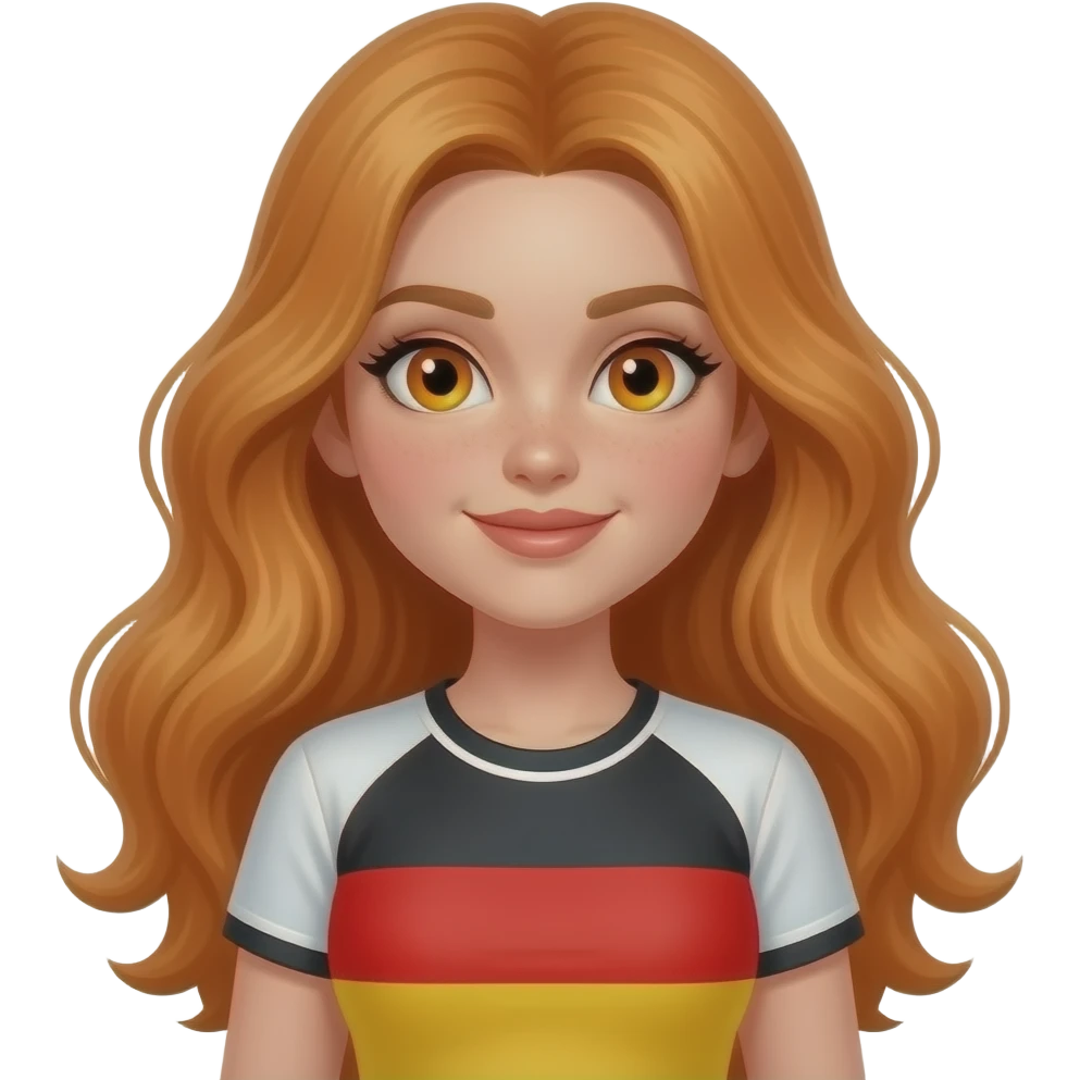 sexy girl with long curvy ginger hair and ginger eyes wearing a top with a german flag emoji