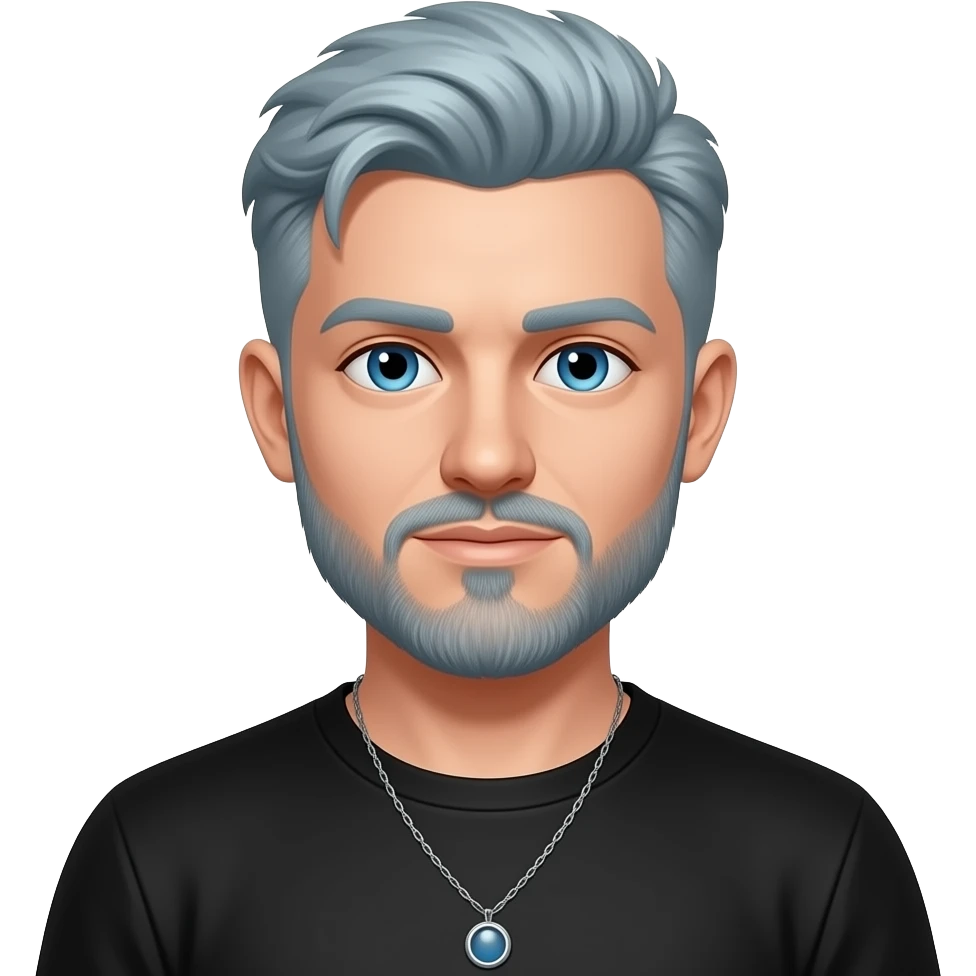 Ben Phillips from The Sorrybro Crew with blue eyes, periwinkle hair and short beard, black metallic T-shirt, necklace emoji